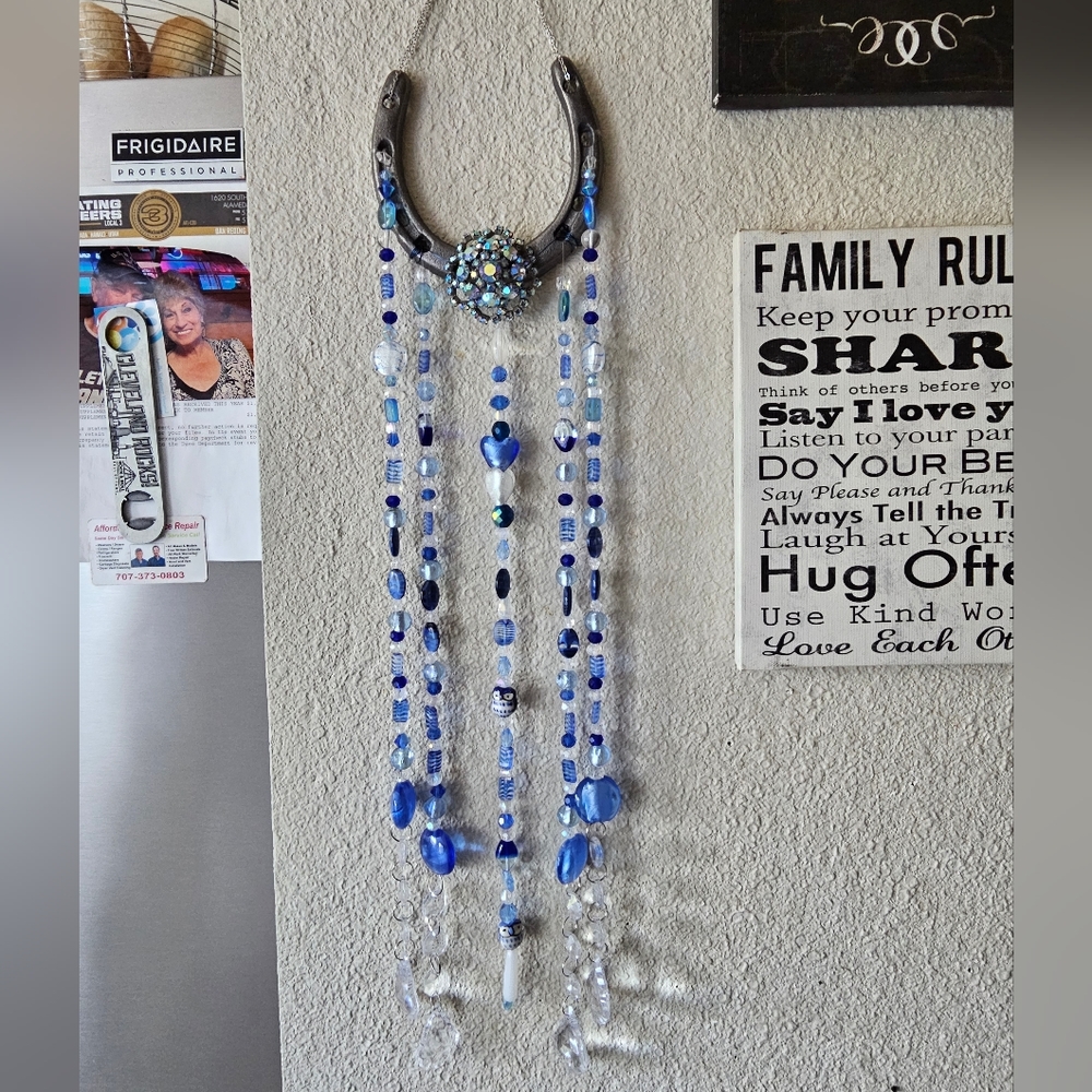 Horseshoe crystal beaded suncatcher with Owls. One of a kind. Hand made.